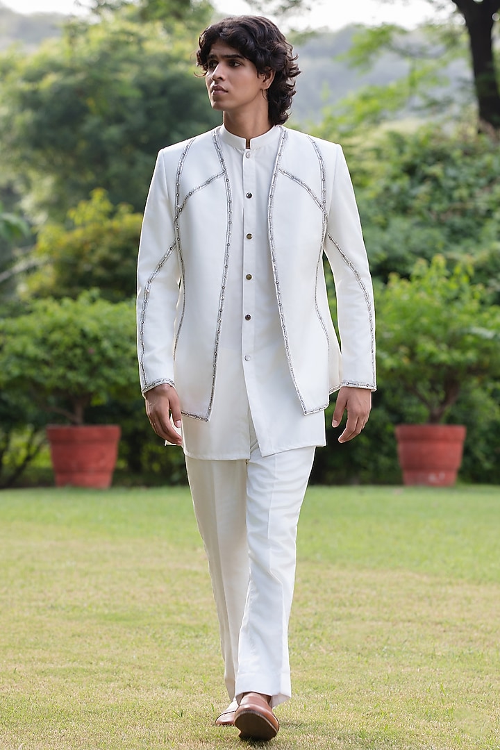 White Modal Satin Wedding Indowestern Set by Bohame Men at Pernia's Pop Up Shop