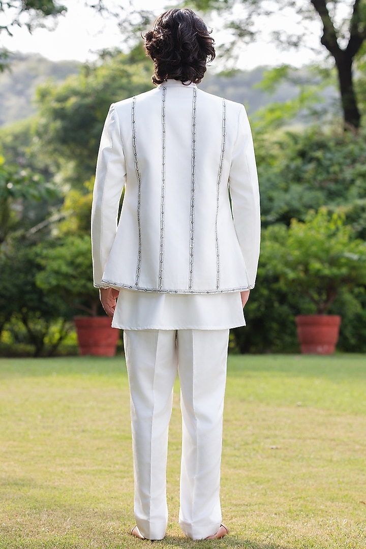 White Modal Satin Wedding Indowestern Set by Bohame Men at Pernia's Pop Up Shop