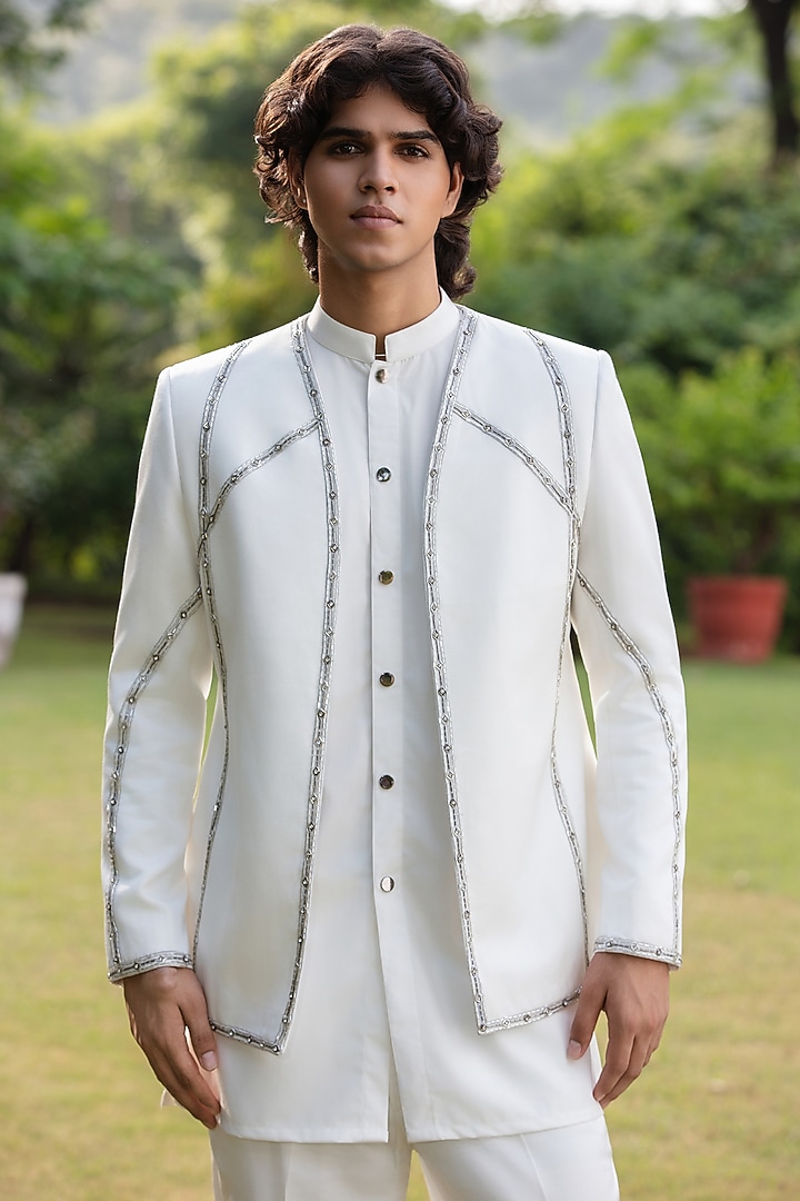 White Modal Satin Wedding Indowestern Set by Bohame Men at Pernia's Pop Up Shop