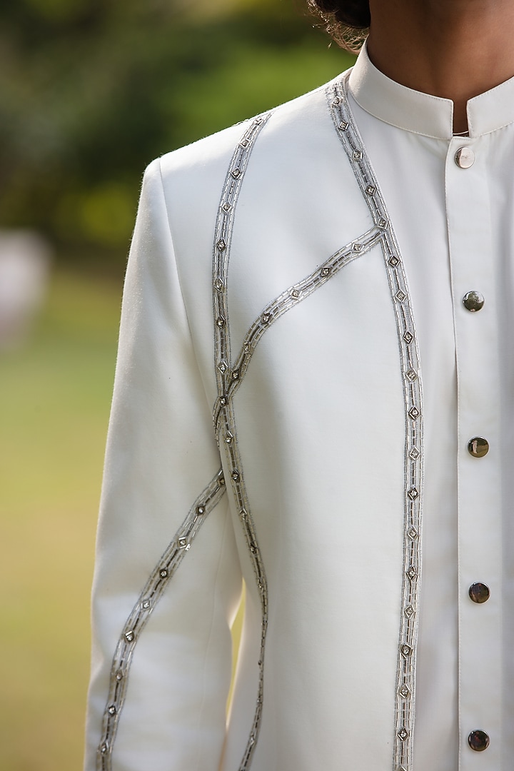 White Modal Satin Wedding Indowestern Set by Bohame Men at Pernia's Pop Up Shop