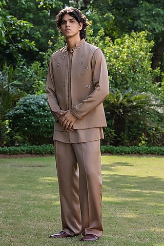 Champagne Modal Satin Bundi Jacket Set by Bohame Men