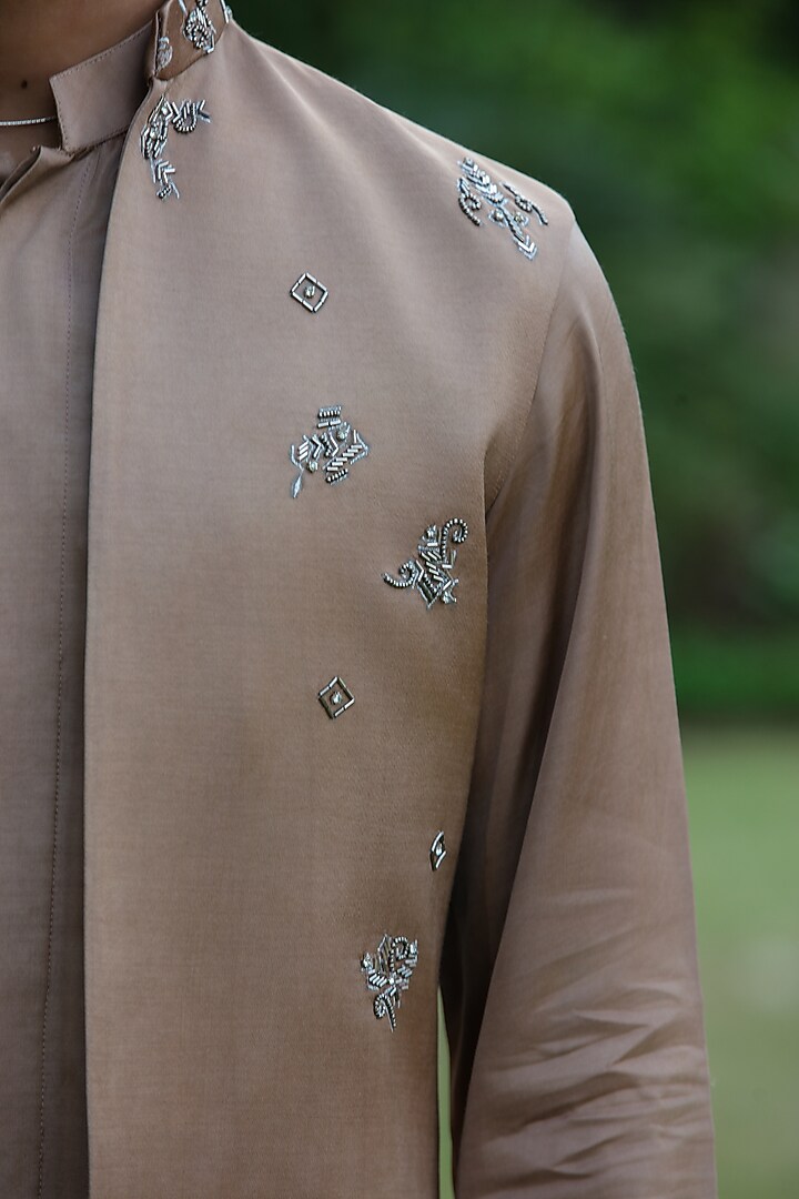 Champagne Modal Satin Bundi Jacket Set by Bohame Men at Pernia's Pop Up Shop