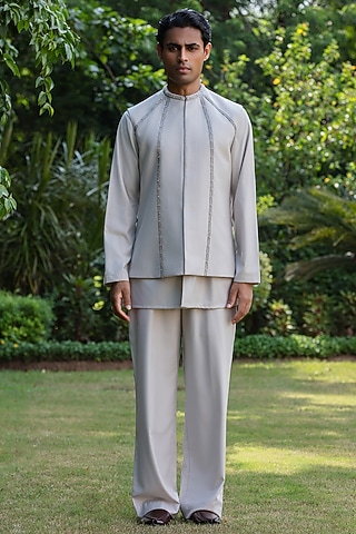 Light Grey Suiting Bundi Jacket Set by Bohame Men