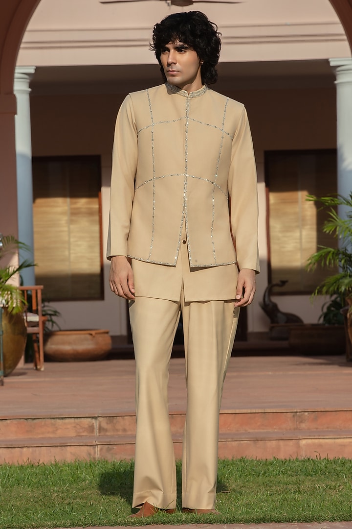 Beige Suiting Bundi Jacket Set by Bohame Men at Pernia's Pop Up Shop