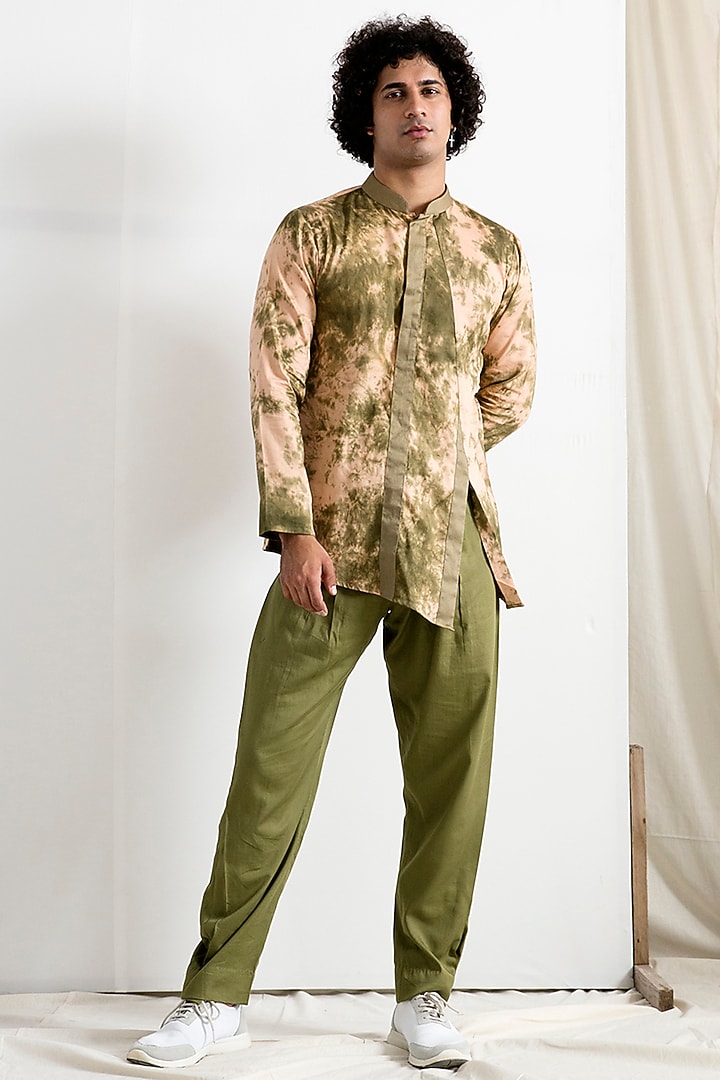 Beige & Green Asymmetrical Kurta Set by Bohame Men at Pernia's Pop Up Shop