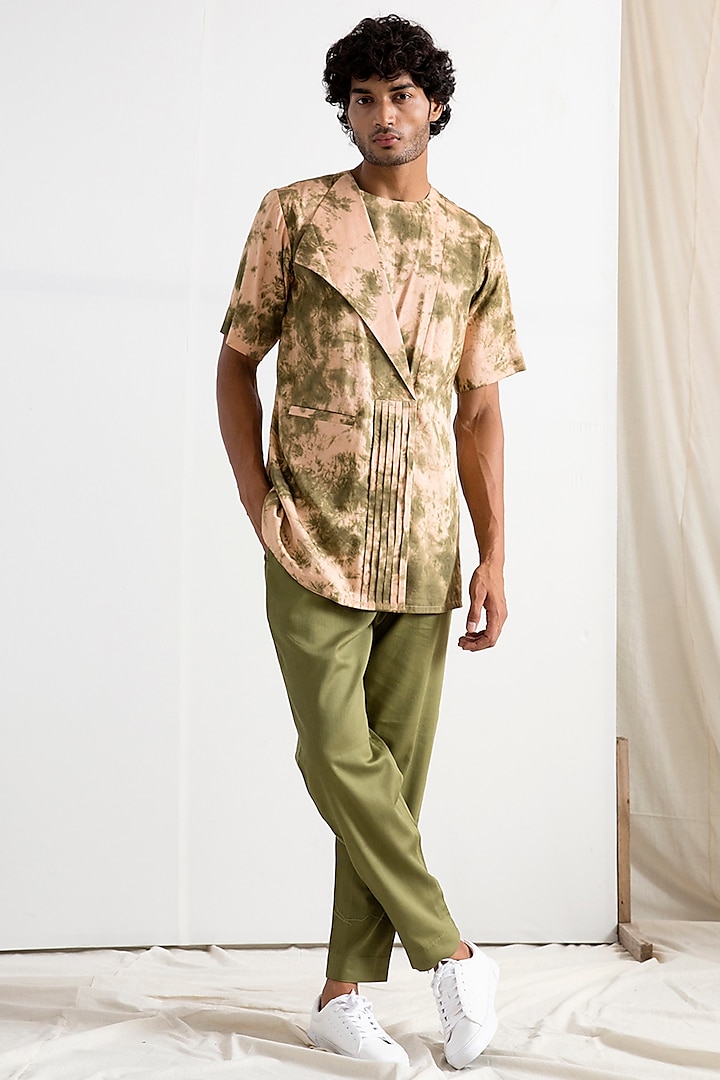 Beige & Green Tie-Dye Kurta Set by Bohame Men