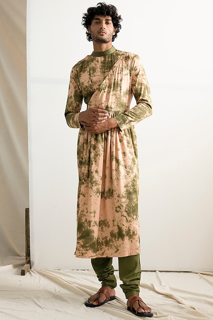 Beige & Green Tie-Dyed Indo Western Set by Bohame Men at Pernia's Pop Up Shop