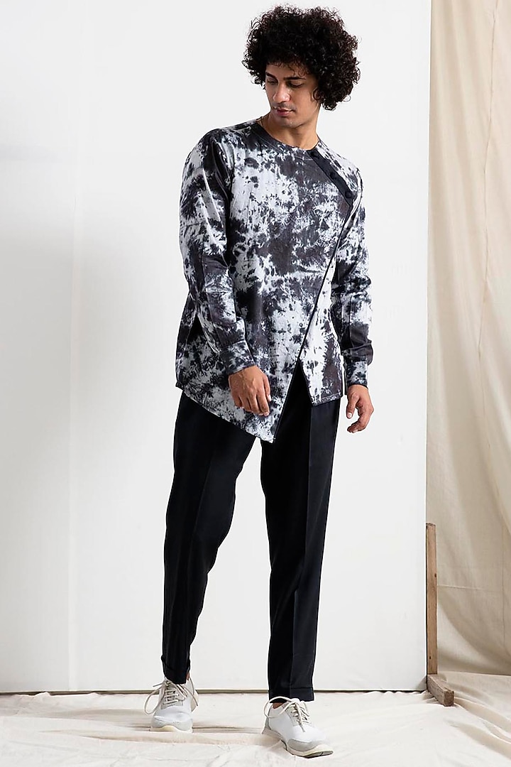 Light Grey & Black Bamboo Blend Asymmetrical Tie-Dye Kurta Set by Bohame Men at Pernia's Pop Up Shop