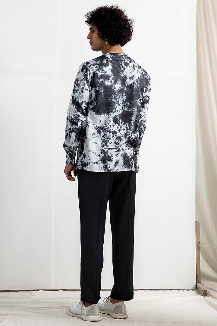 Light Grey & Black Bamboo Blend Asymmetrical Tie-Dye Kurta Set by Bohame Men at Pernia's Pop Up Shop