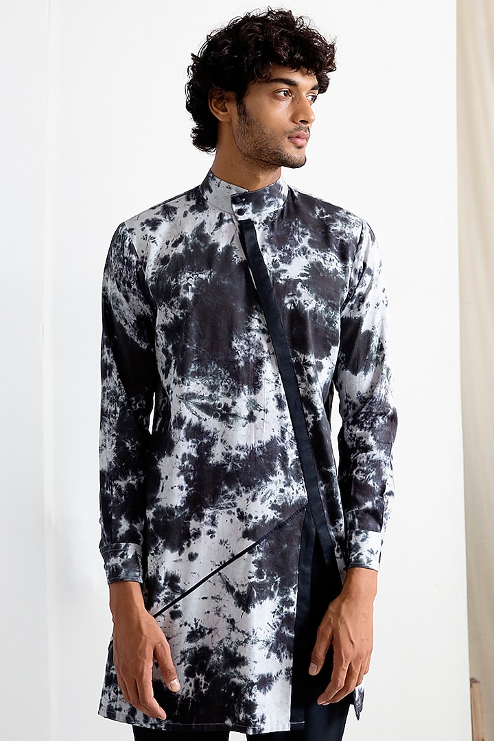 Light Grey & Black Bamboo Blend Asymmetrical Tie-Dye Kurta Set by Bohame Men at Pernia's Pop Up Shop