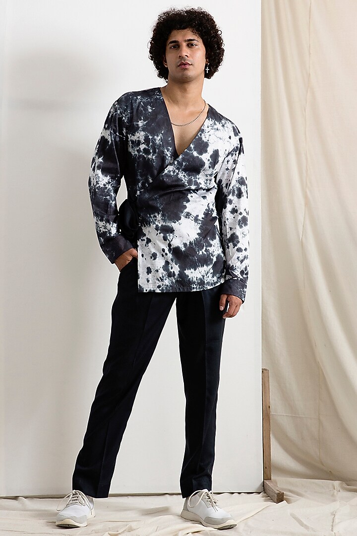 Light Grey & Black Bamboo Blend Wrap Kurta Set by Bohame Men at Pernia's Pop Up Shop