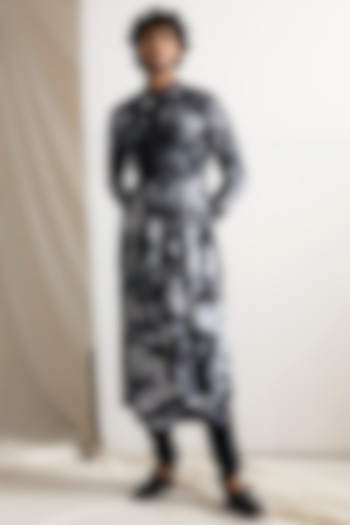 Light Grey & Black Bamboo Blend Manarkali Kurta Set by Bohame Men at Pernia's Pop Up Shop