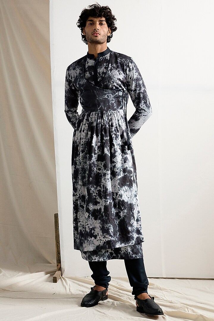 Light Grey & Black Bamboo Blend Manarkali Kurta Set by Bohame Men at Pernia's Pop Up Shop