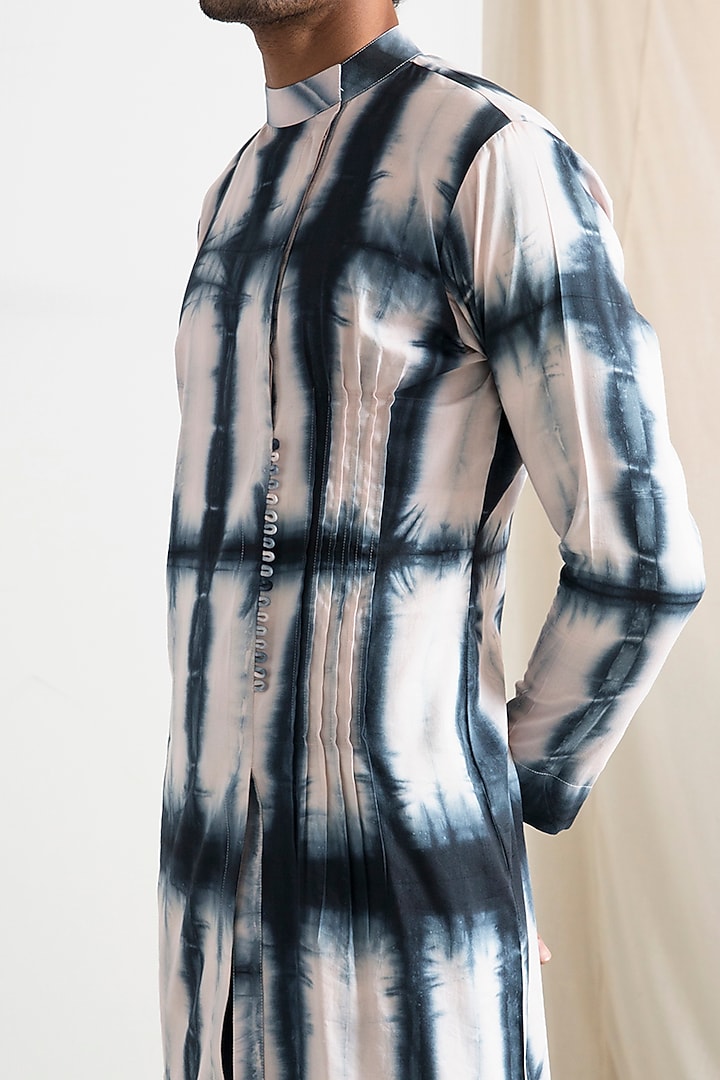 Cream & Grey Bamboo Blend Tie-Dye Printed Long Kurta Set by Bohame Men at Pernia's Pop Up Shop