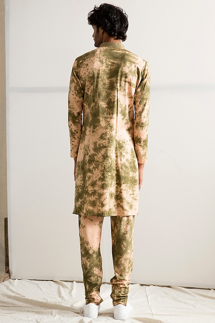 Beige & Green Bamboo Blend Tie-Dyed Quilted Nehru Jacket Set by Bohame Men at Pernia's Pop Up Shop