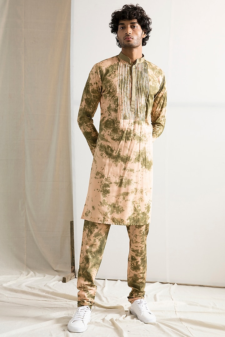 Beige & Green Bamboo Blend Tie-Dyed Quilted Nehru Jacket Set by Bohame Men at Pernia's Pop Up Shop
