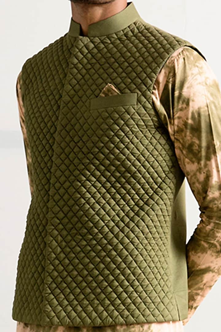 Beige & Green Bamboo Blend Tie-Dyed Quilted Nehru Jacket Set by Bohame Men at Pernia's Pop Up Shop
