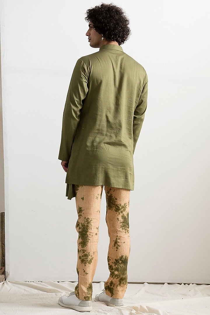 Beige Linen Tie-Dye Asymmetrical Quilted Bundi Jacket Set by Bohame Men at Pernia's Pop Up Shop