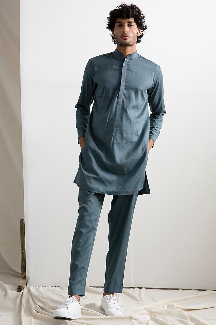 Dark Grey Linen Quilted Tie-Dye Printed Bundi Jacket Set by Bohame Men at Pernia's Pop Up Shop