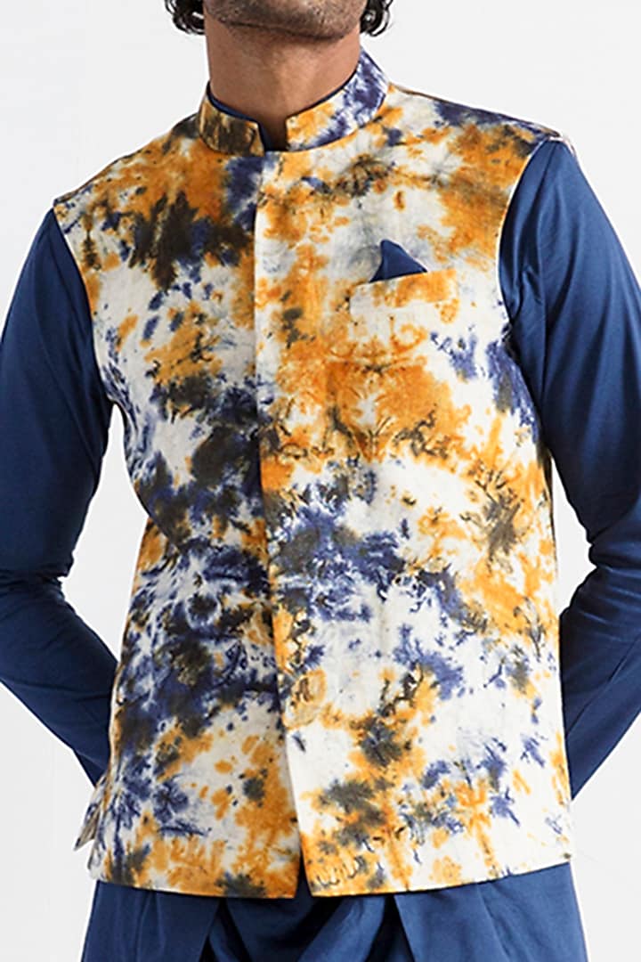 Multi-Colored Linen Tie-Dye Printed Nehru Jacket Set by Bohame Men at Pernia's Pop Up Shop