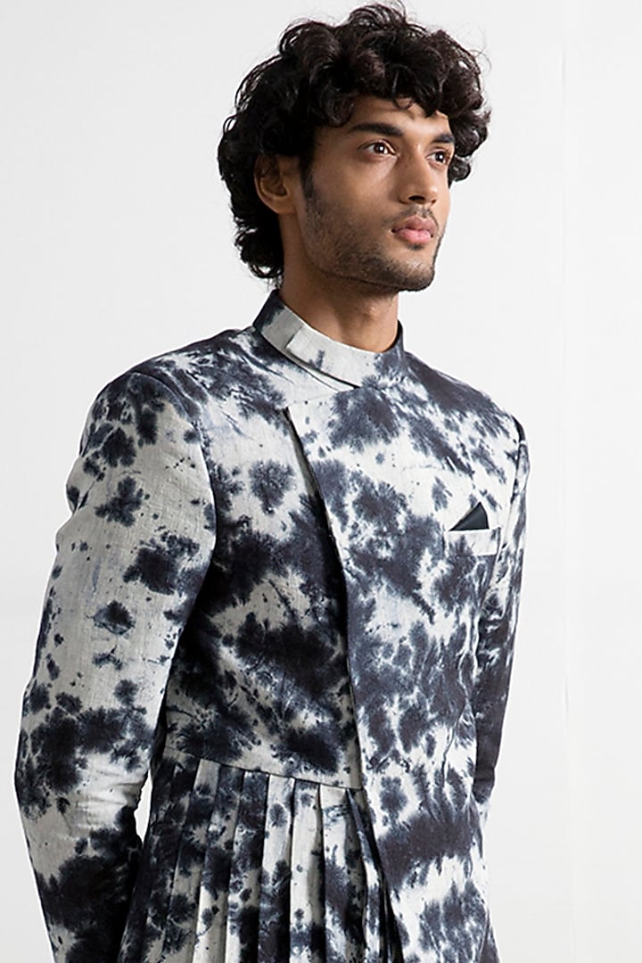 Black & Light Grey Tie-Dye Wedding Indowestern Set by Bohame Men at Pernia's Pop Up Shop
