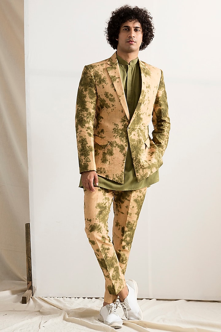 Green & Beige Tie-Dye Blazer Set by Bohame Men