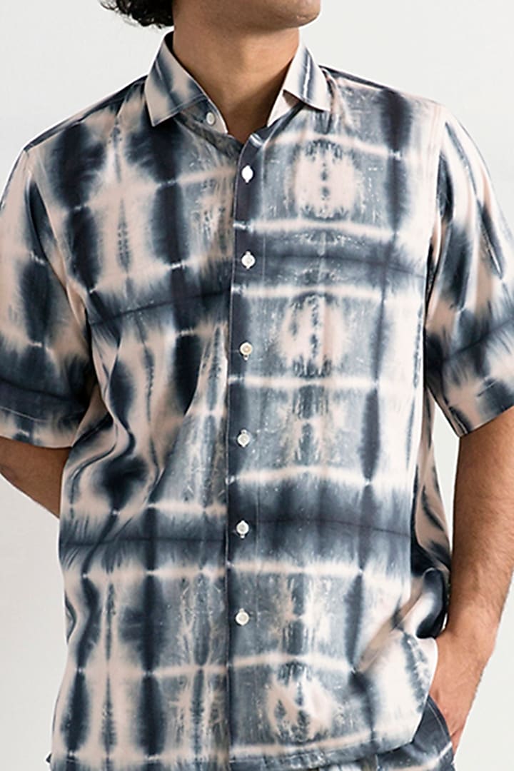 Cream & Blue Bamboo Blend Tie-Dye Printed Co-Ord Set by Bohame Men at Pernia's Pop Up Shop