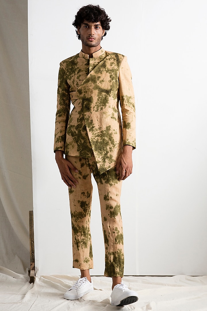 Beige & Green Wedding Bandhgala Jacket Set by Bohame Men at Pernia's Pop Up Shop