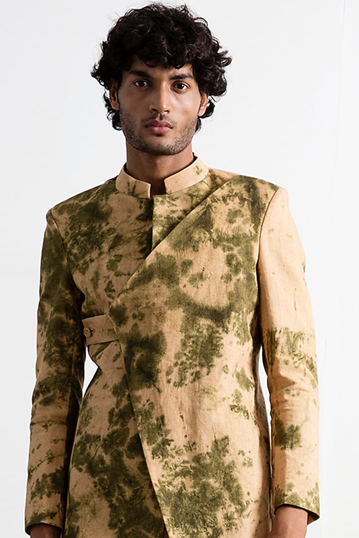 Beige & Green Wedding Bandhgala Jacket Set by Bohame Men at Pernia's Pop Up Shop