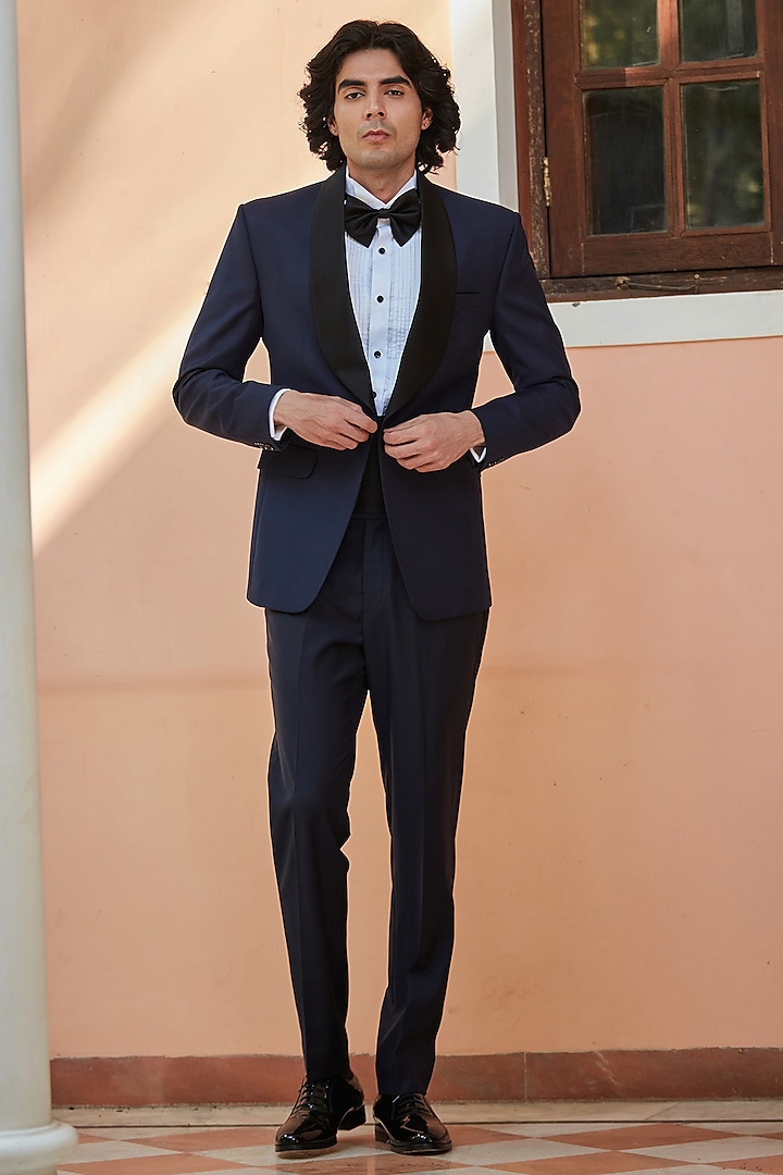 Navy Blue Terry Wool Tuxedo Set by Bohame Men at Pernia's Pop Up Shop