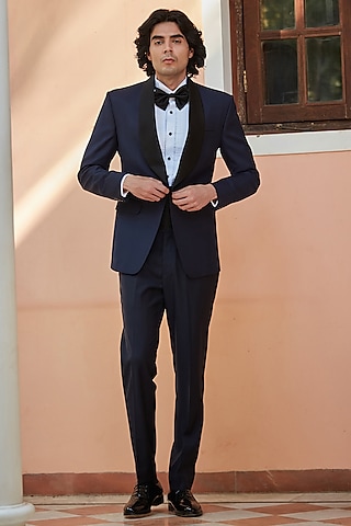 Navy Blue Terry Wool Tuxedo Set by Bohame Men