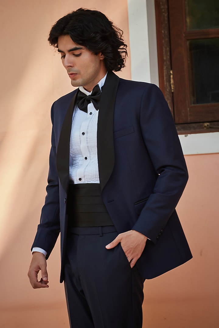 Navy Blue Terry Wool Tuxedo Set by Bohame Men at Pernia's Pop Up Shop