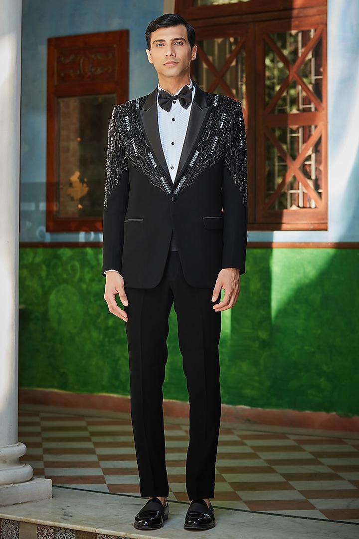 Black Terry Wool Embroidered Tuxedo Set by Bohame Men at Pernia's Pop Up Shop