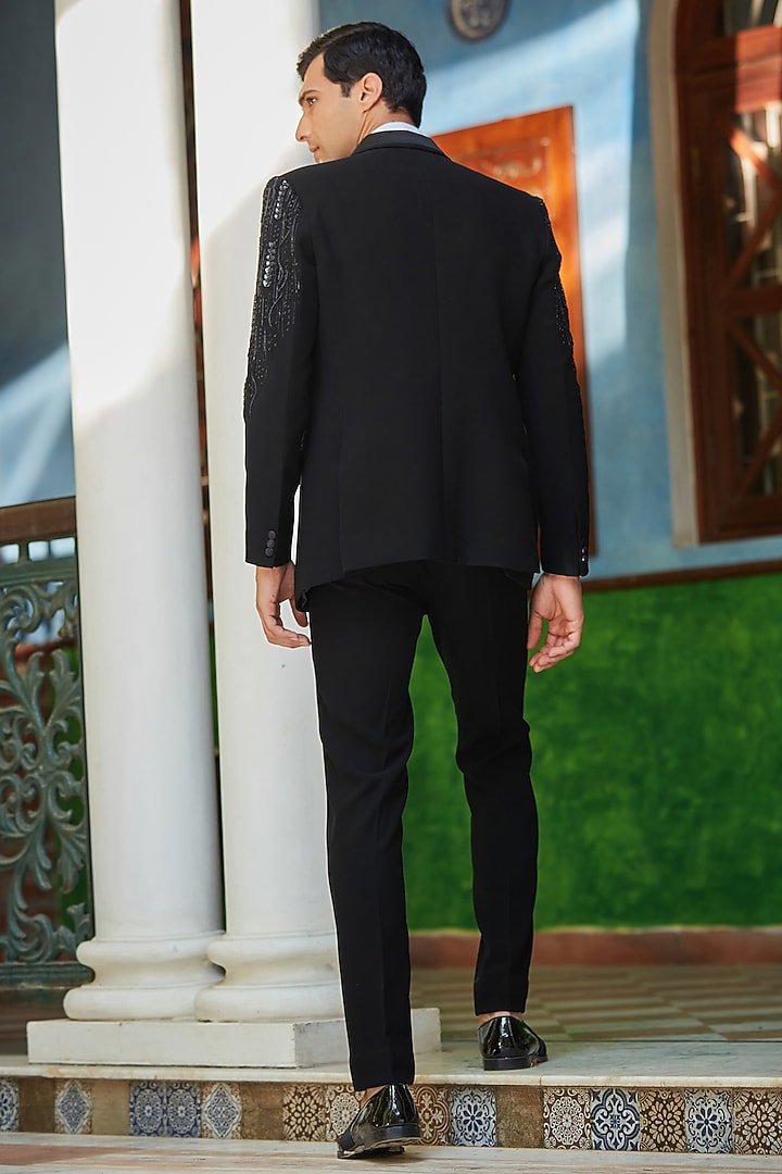 Black Terry Wool Embroidered Tuxedo Set by Bohame Men at Pernia's Pop Up Shop