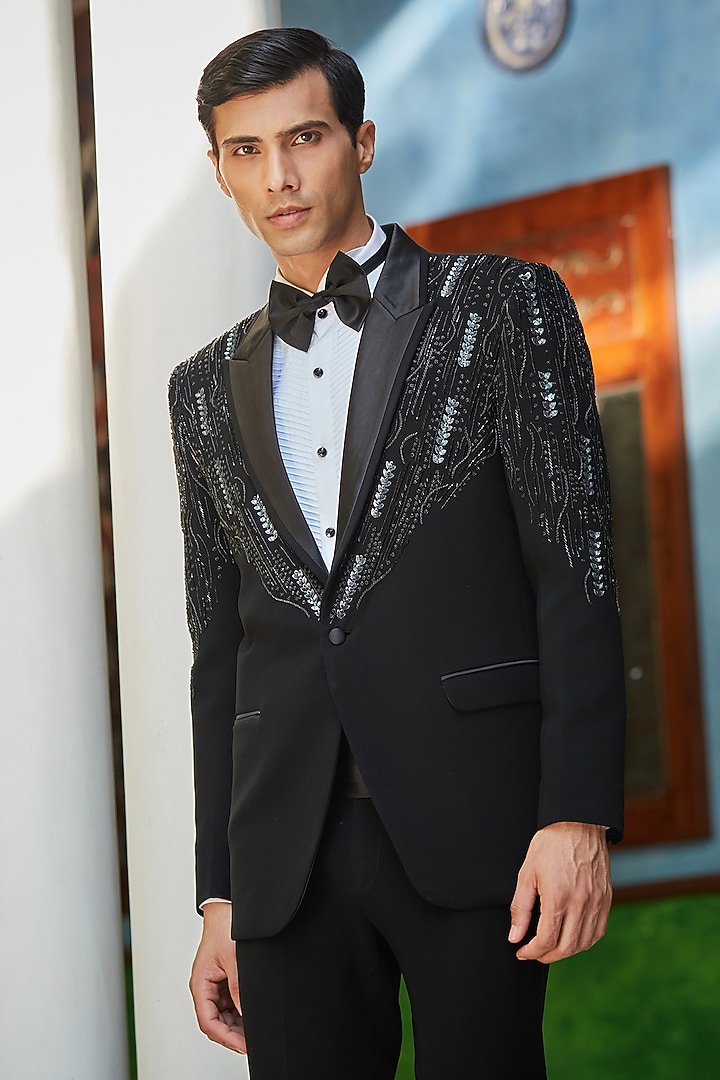 Black Terry Wool Embroidered Tuxedo Set by Bohame Men at Pernia's Pop Up Shop