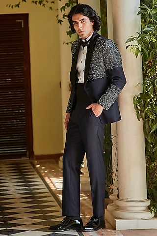 Navy Blue Terry Wool Embroidered Tuxedo Set by Bohame Men