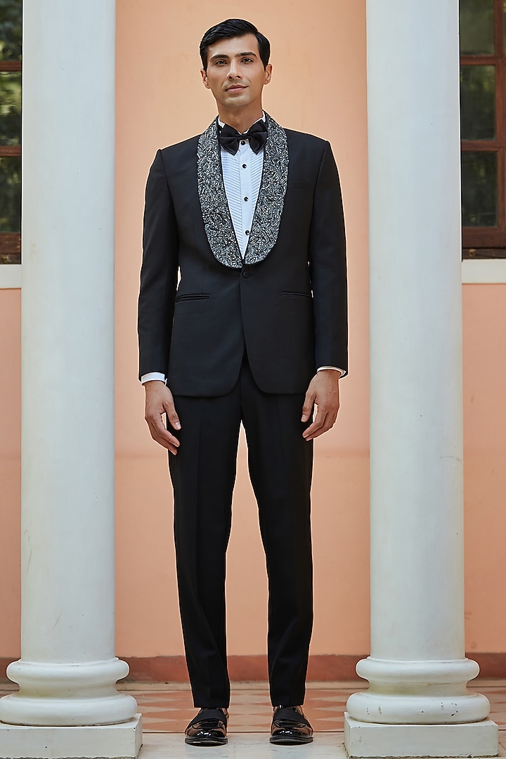 Black Terry Wool Embroidered Tuxedo Set by Bohame Men at Pernia's Pop Up Shop