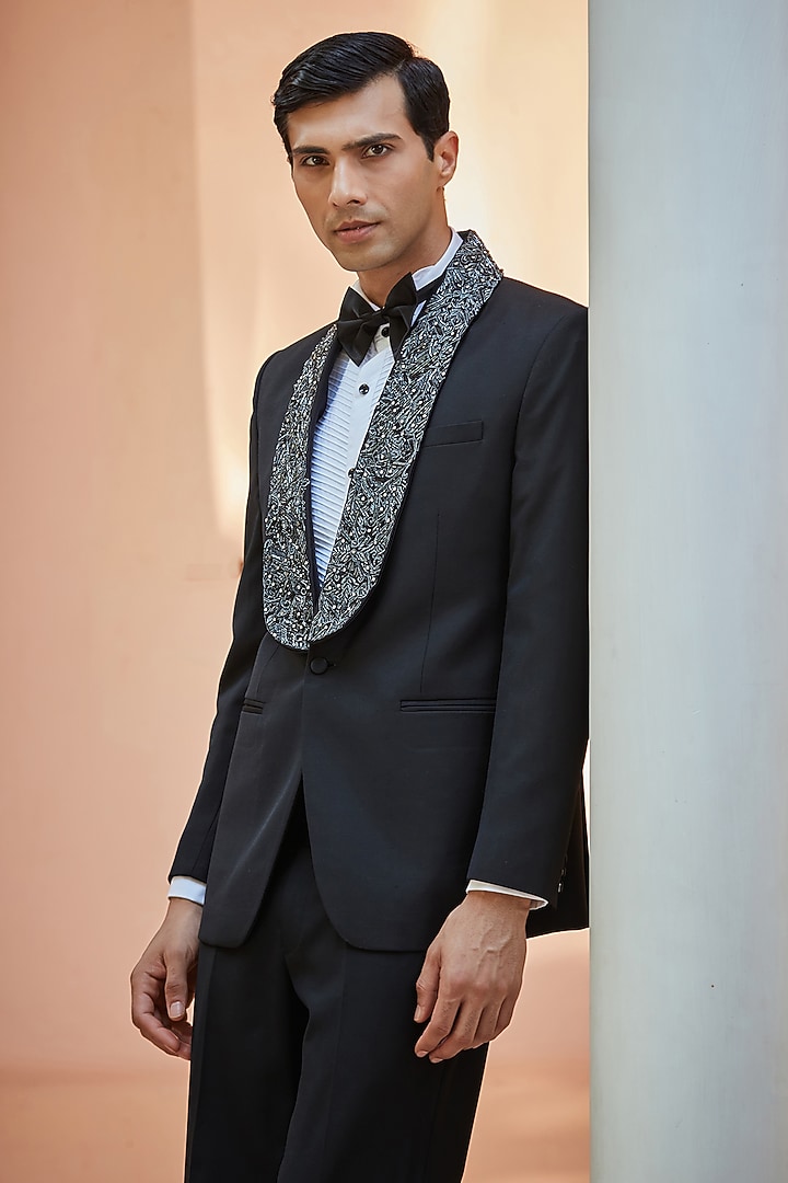 Black Terry Wool Embroidered Tuxedo Set by Bohame Men at Pernia's Pop Up Shop