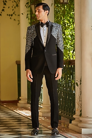 Black Terry Wool Embroidered Tuxedo Set by Bohame Men