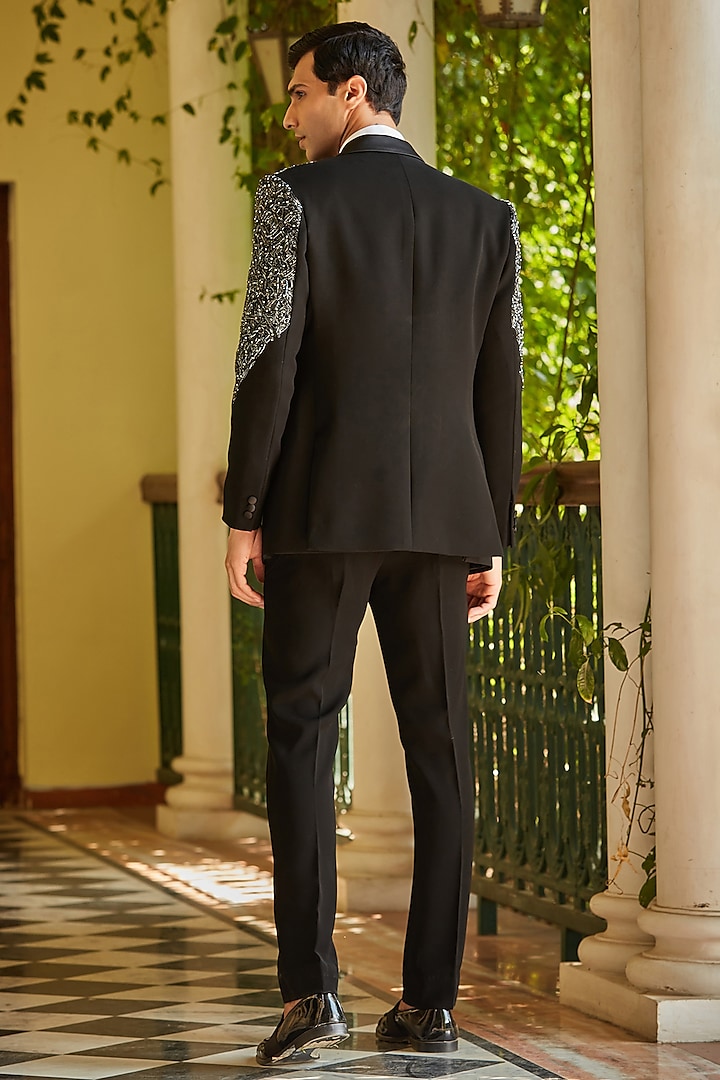 Black Terry Wool Embroidered Tuxedo Set by Bohame Men at Pernia's Pop Up Shop