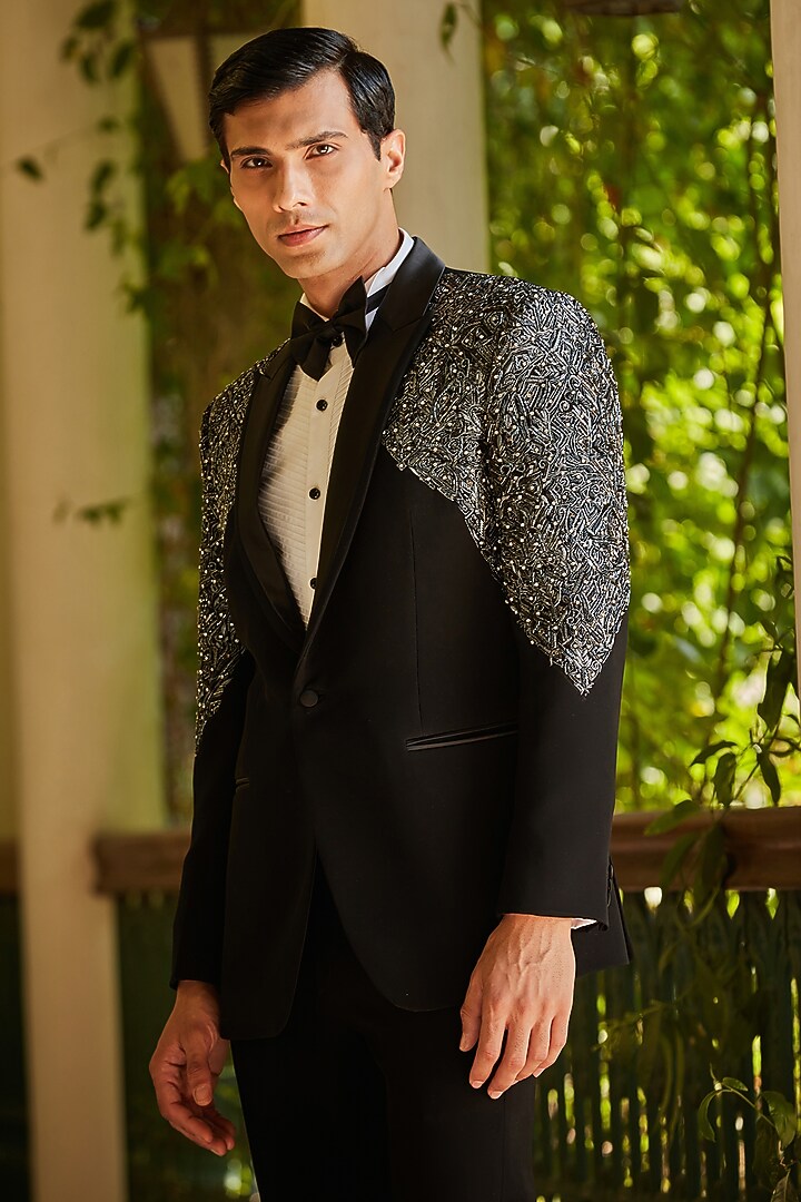 Black Terry Wool Embroidered Tuxedo Set by Bohame Men at Pernia's Pop Up Shop
