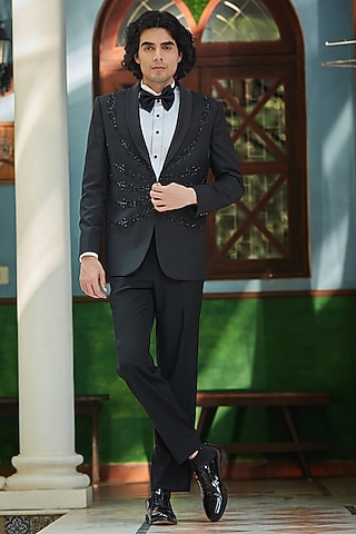Black Terry Wool Embroidered Tuxedo Set by Bohame Men
