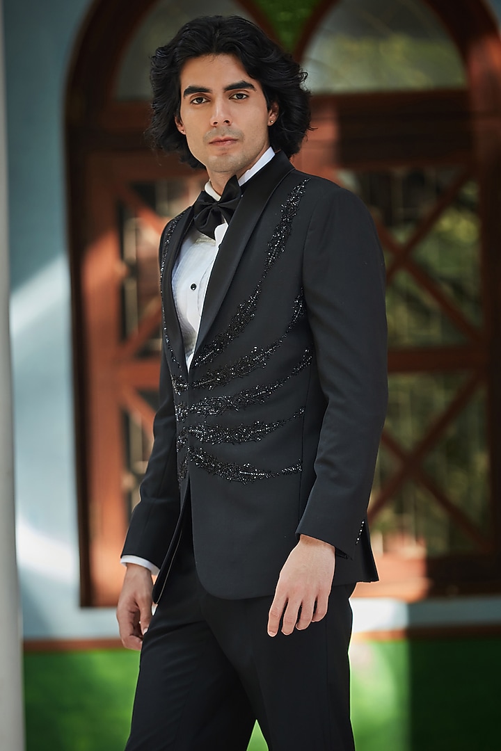 Black Terry Wool Embroidered Tuxedo Set by Bohame Men at Pernia's Pop Up Shop