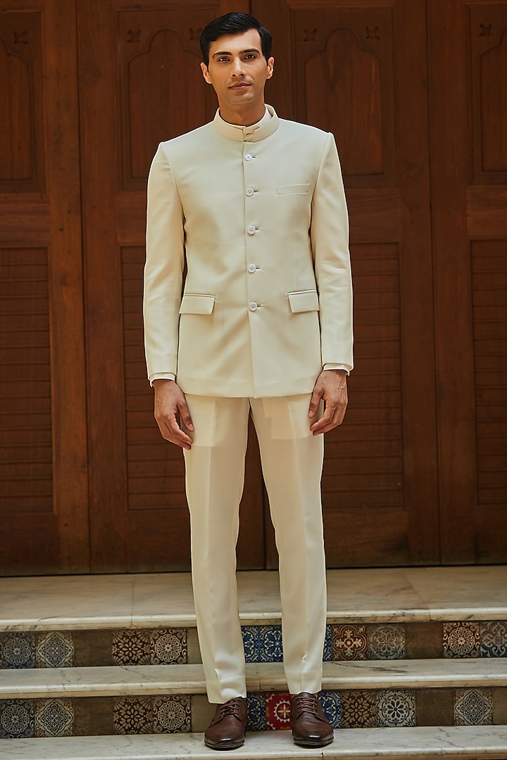 Off-White Terry Wool Bandhgala Set by Bohame Men at Pernia's Pop Up Shop