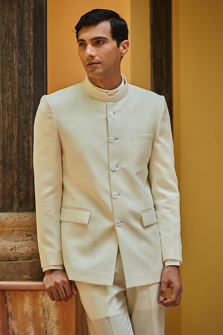 Off-White Terry Wool Wedding Bandhgala Set by Bohame Men at Pernia's Pop Up Shop