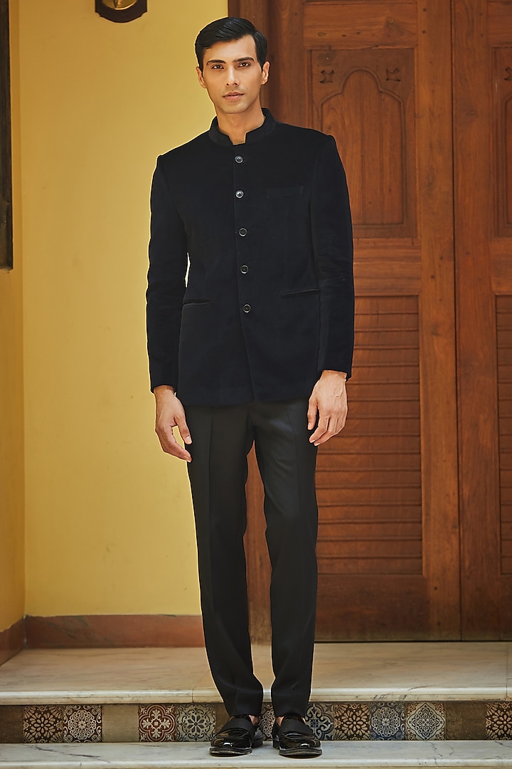 Black Velvet Bandhgala Set by Bohame Men at Pernia's Pop Up Shop