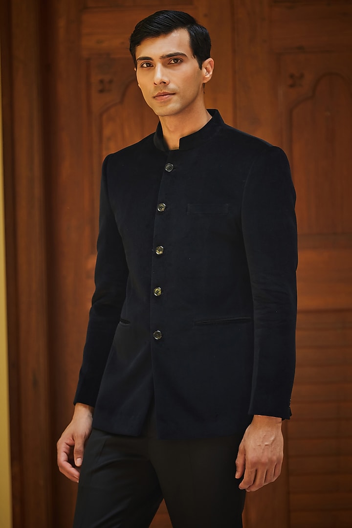 Black Velvet Wedding Bandhgala Set by Bohame Men at Pernia's Pop Up Shop