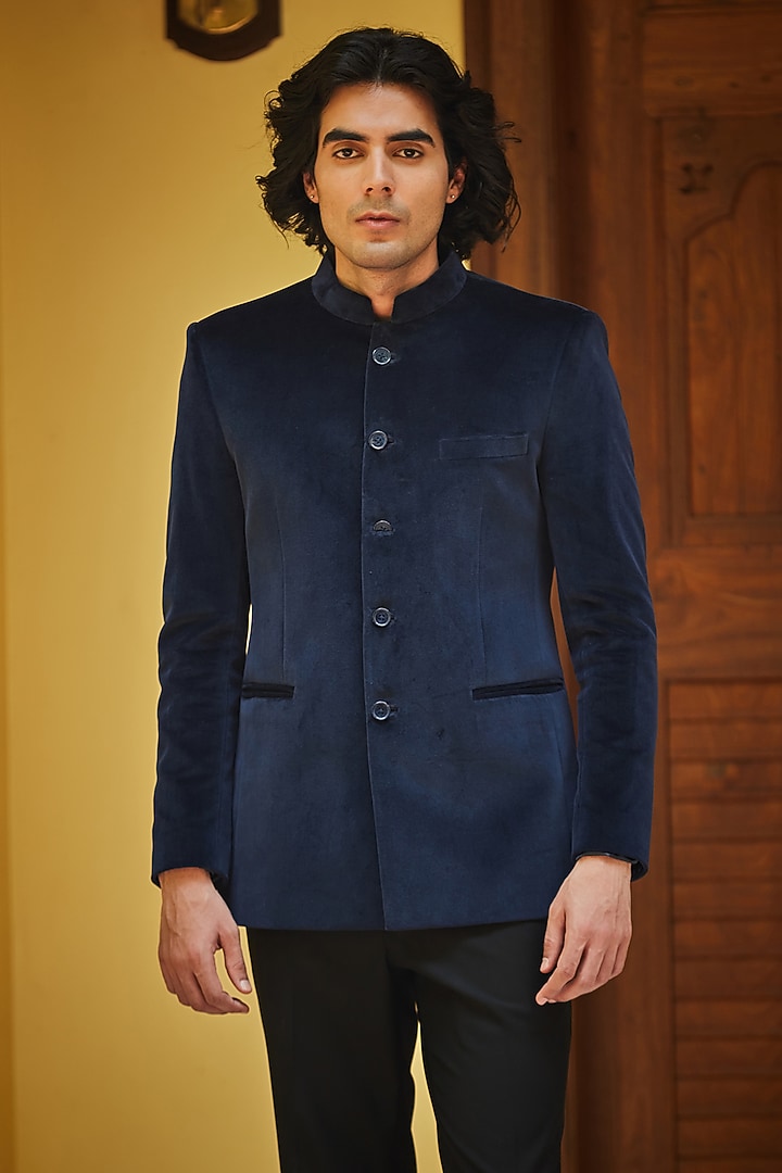 Black Velvet Wedding Bandhgala Set by Bohame Men at Pernia's Pop Up Shop