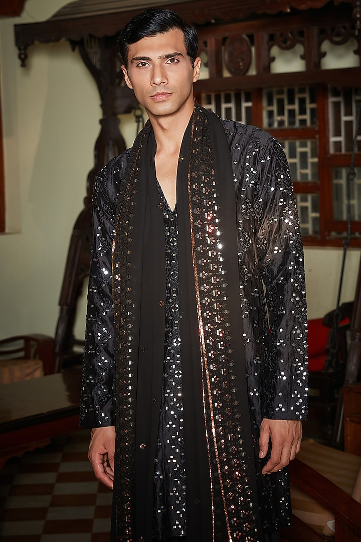 Black Chanderi Kurta Set by Bohame Men at Pernia's Pop Up Shop