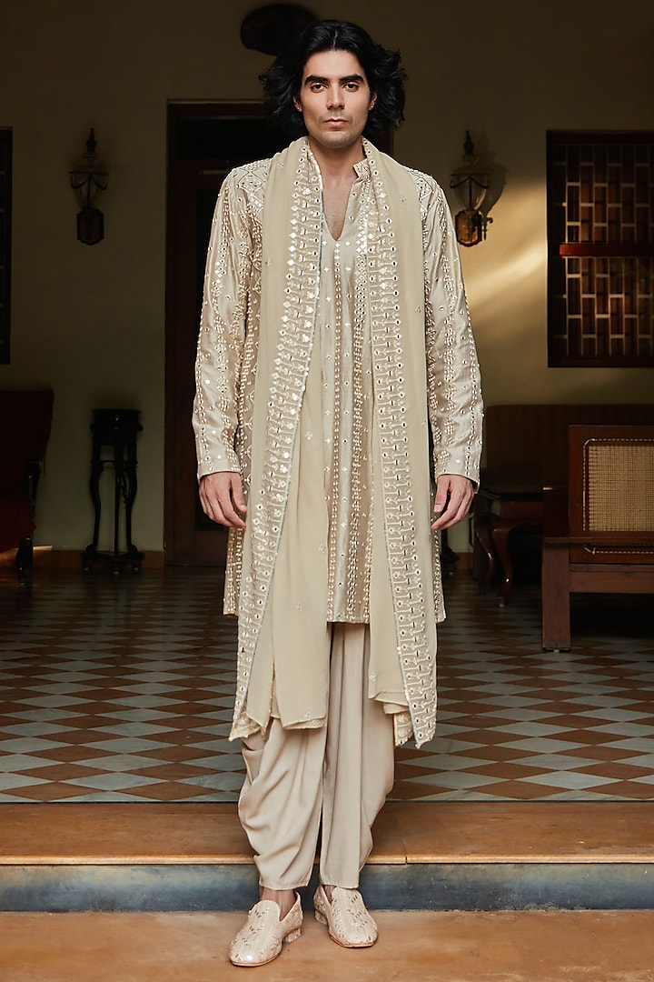 Beige Chanderi Kurta Set by Bohame Men